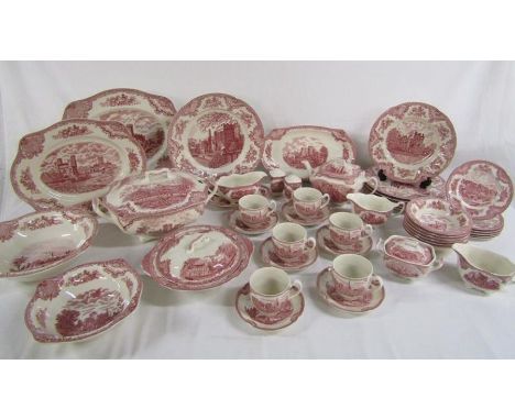 Johnson Bros 'Old Britain Castle' pink and cream dinner service includes tureen, serving plates, teapot, cups &amp; saucers e