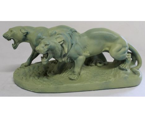 Large vintage French green painted plaster sculpture of male &amp; female snarling lions with incised mark S A P 2106 Depose,