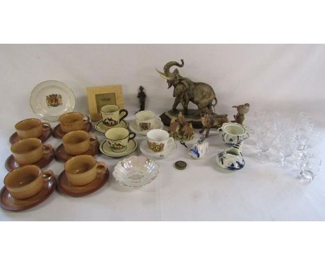Collection of items including Capodimonte elephant, Kiln Craft cups and saucers, small brass figure etc