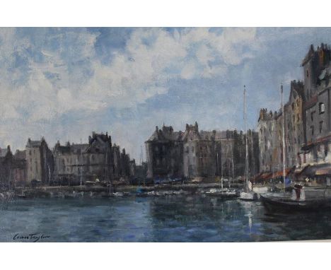 Framed oil on board "Small Basin, Honfleur" signed Ivan Taylor (b. 1946) titled on artist's label verso, frame size 78cm x 58