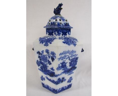 Large hexagonal pot pourri vase decorated in Chinese blue and white design includes inner cover, mounted with pierced cover a