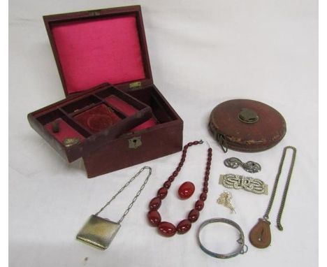 Jewellery box with key contains James Fenton 1908 silver enamelled bangle, red bead necklace, silver-plate pocket purse, silv