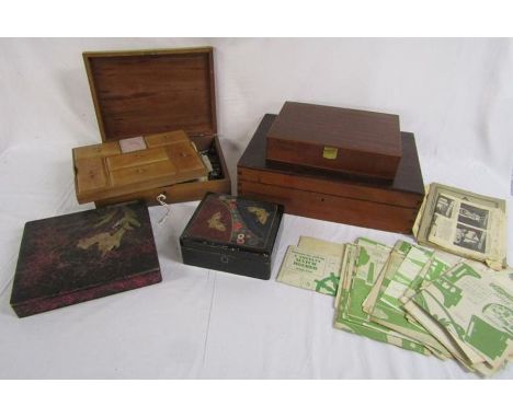 Collection of wooden boxes includes Madeira inlaid sewing box with contents and a selection of Hobbies vintage patterns