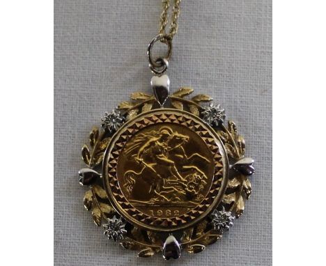 Elizabeth II 1982 gold half sovereign in 9ct gold pendant mount set with diamond chips on 9ct gold chain, total weight 10.0g