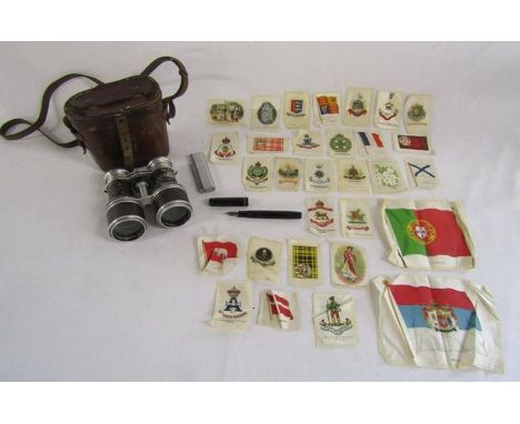 Collection of small collectables including silks of flags,&nbsp; binoculars in leather case embossed with H.W Davies, Maruman