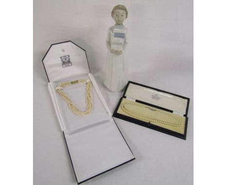 George Panton &amp; Son cased 5 strand pearl necklace, Robert Stewart cased faux pearl necklace and Nao figurine boy with boo