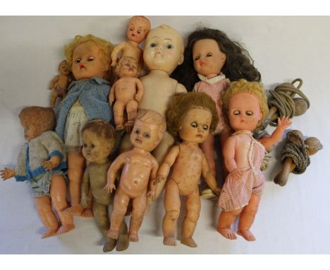 Selection of vinyl / plastic vintage dolls &amp; 3 skipping ropes