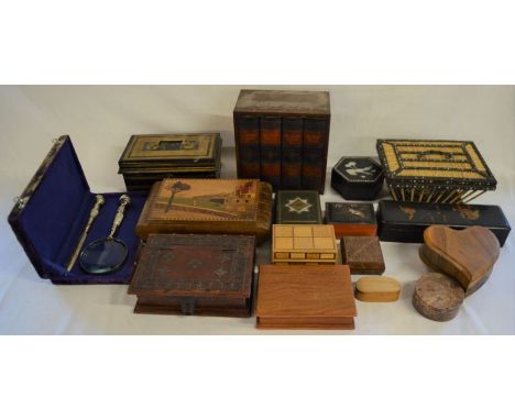 Various inlaid &amp; lacquer boxes, cased magnifying glass with letter opener &amp; a vintage cash tin