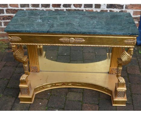 Reproduction gilded console table in the Empire style with mirror back to base approx. 99.5cm w x 39.5cm d x 77cm h