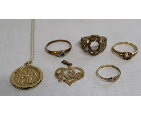 18ct gold ring 2.1g, 9ct gold Nan pendant , two 9ct gold rings 4.1g (stones missing) &amp; tested as 14ct gold ring 1.8g (no 