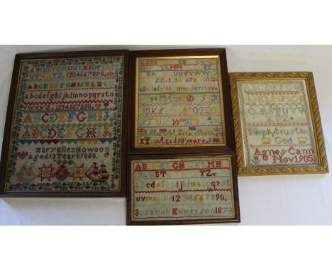 4 framed late Victorian / Edwardian samplers:- Annie Maria Smith aged 10, Susannah Emmerson 1872, Mary Ellen Howson aged 13 1