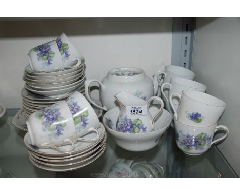 A ten piece Czechoslovakian 'Vicktoria' bone china Tea Service with violet decoration including integrated tea strainer, crea