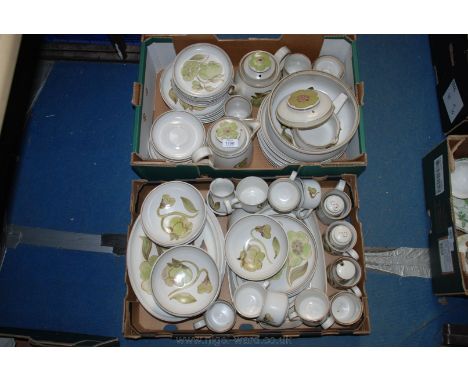 A good quantity of Denby 'Troubadour' pattern tableware including part dinner and tea service, steak plates, mugs, condiments