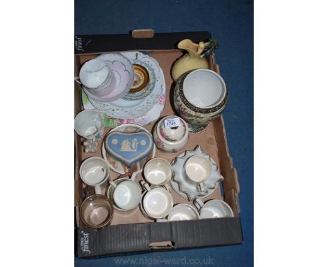 A quantity of china including moustache cup and saucer, Wedgwood trinket dish, commemorative mugs and cups, Sadler jar and li