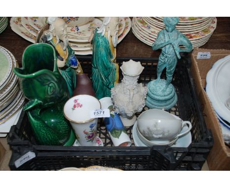 A quantity of china including Portmeirion posy Vase, gurgle jug in green, two oriental Cups and saucers, two oriental gentlem