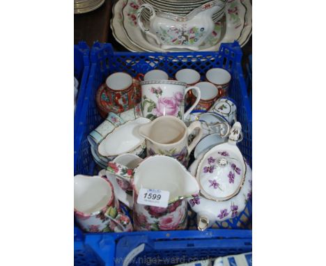 A quantity of china including a trio by the Bristol China Company, Hammersley violet Teapot and sugar bowl, and oriental coff