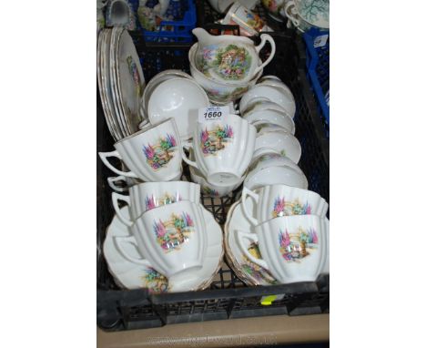 A six setting Cottage Garden pattern Teaset and a part Teaset with crinoline lady pattern of eight cups and twelve saucers, e