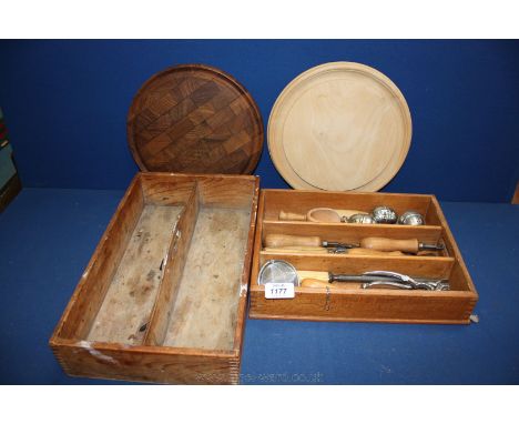 Two wooden handled cutlery trays, wooden handled tools and  bread boards