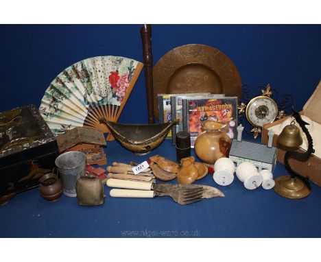 A quantity of miscellanea including Treen items, Hornby hut, Play station games, Swiss music box, Kashmir alms bowl, opium sc