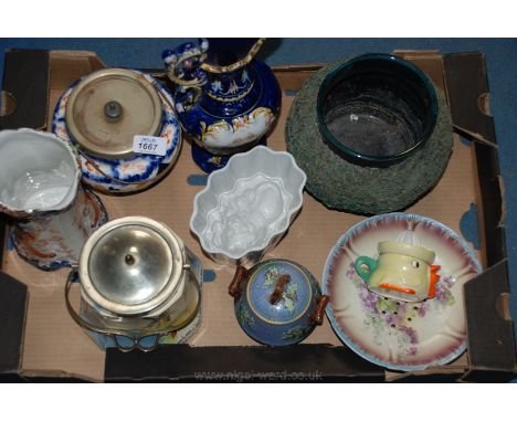 A quantity of china including Victorian jelly mould, Spaghetti china bowl, biscuit barrel decorated with Windmills, lemon squ