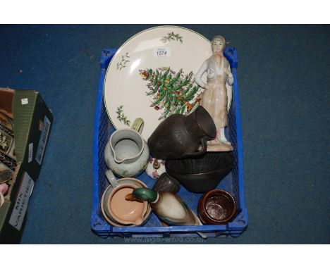 A quantity of china including Spode platter, Ewenny pot, Spanish figure, etc.