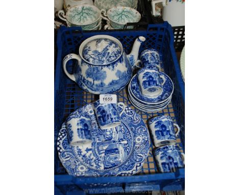 Six George Jones blue and white Coffee cans, one a/f, and three saucers, a three 'Landscape' cake stand Plates and a blue and