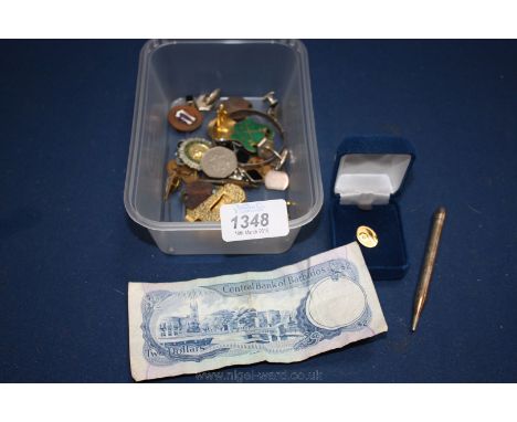 Miscellaneous enamel Badges, cuff links, silver pencil and a Barbado bank note