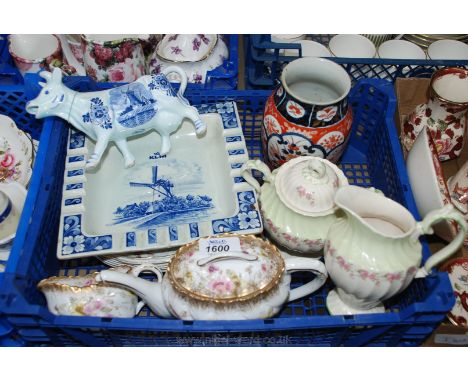 Miscellaneous china including Delft cow creamer, square platter, Myott 'Olde Chelsea' pattern milk jug and lidded sucrier, Po