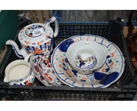 A quantity of Allertons Gaudy Welsh china, including large bowl, sugar bowl, cream jug, two saucers, milk jug and teapot.