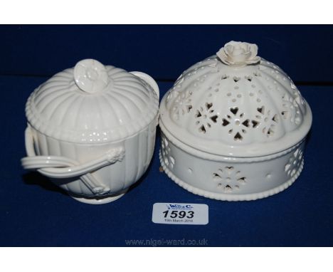 A Leeds creamware lidded Pot with twisted handle detail and a Leeds creamware lidded Pot with pierced detail and rose finial.