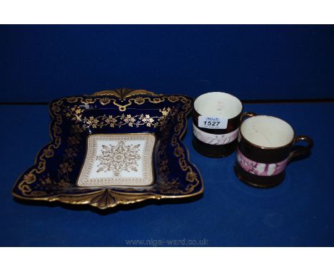 An Aynsley Dish of square form with blue and gilt decoration, and two Lustre Cups, as found