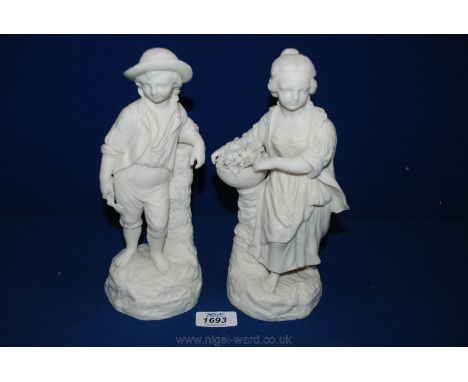 Two Parian figures, one of a young girl with a basket of flowers leaning against a pillar, the other of a young boy leaning a