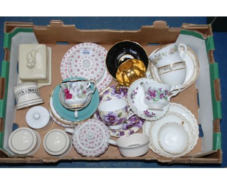 A quantity of china including modern cups and saucers, three spice jars (Cayenne, Marjoram and Cinnamon) Lurpack butter dish,