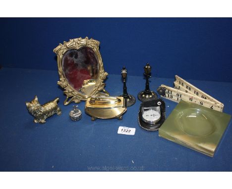 A small quantity of miscellanea including folding ruler, table top lighter, alabaster ashtray, brass dog, micrometer and a sm