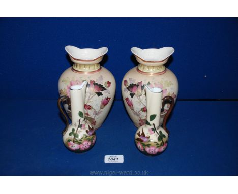 A pair of blush Vases with enamel decoration by Robert Hanke Austria and a pair of smaller, similar Ewers.