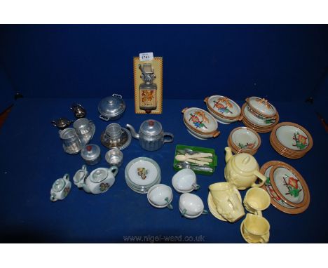 A quantity of children's Teasets, dinner set, cutlery and a small Cafe coffee grinder