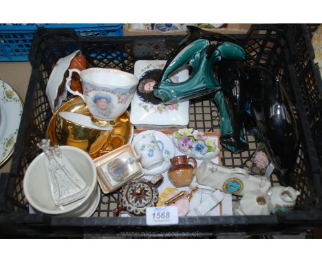 A set of three Poole Dolphins, miniature cups and saucers, Duchess china floral ornament, knife rests, commemorative china, e