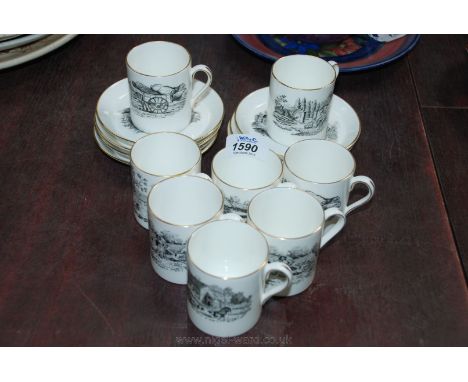 A set of eight Royal Chelsea Coffee Cups and saucers, each with different scenes including 'Vagrant', 'Pedlar', 'Shooting', '