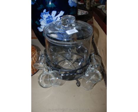 A glass Punch Bowl with glasses, and ladle (handle a/f) in metal surround