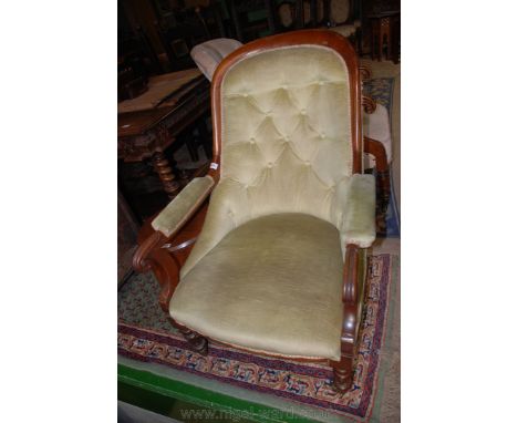 A superb 19th c. show frame salon Chair, having hoop back with green draylon button back upholstery, carved scroll end arms a