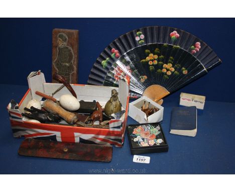 A quantity of miniature Playing Cards, fan, corkscrew, ebony Elephant, etc.