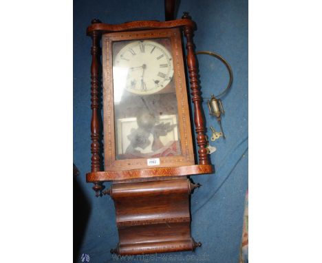 A Victorian Mahogany Tunbridge style inlaid Wall Clock, with pediment top a/f, the shaped inlaid top flanked by finials and t