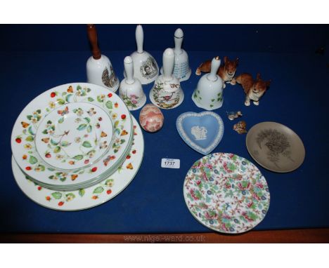 A quantity of china including small Poole pottery plate, Wedgwood heart shaped dish, Wade Whimsies, bells, strawberry pattern