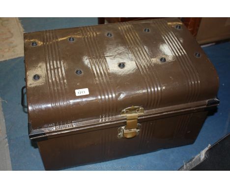 A tin Trunk containing upholstery and re-caning items