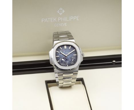 Patek Philippe. A fine and rare stainless steel automatic calendar bracelet watch with moon phase and power reserveModel: Nau