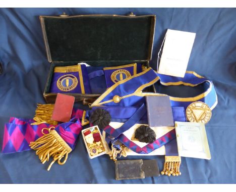 A collection of Channel Islands Masonic garments, for the Guernsey and Alderney Lodges, comprising two armbands, a neckband a