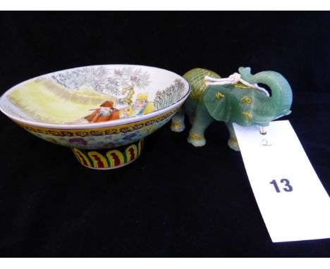 A 20th century Chinese enamelled bowl, together with a jade style elephant (2), 