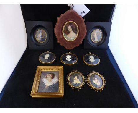 Four watercolour portrait miniatures, two miniature portrait prints & three reproduction cameos (9), 