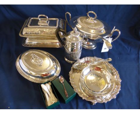 A quantity of silver plate including a soup tureen with ladle, entree dishes, salver etc., 