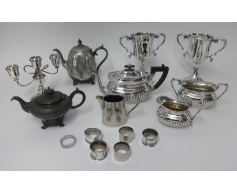 A collection of six silver plated napkin rings, two silver plated cups/chalices by James Dixon &amp; Sons, Sheffield, three b
